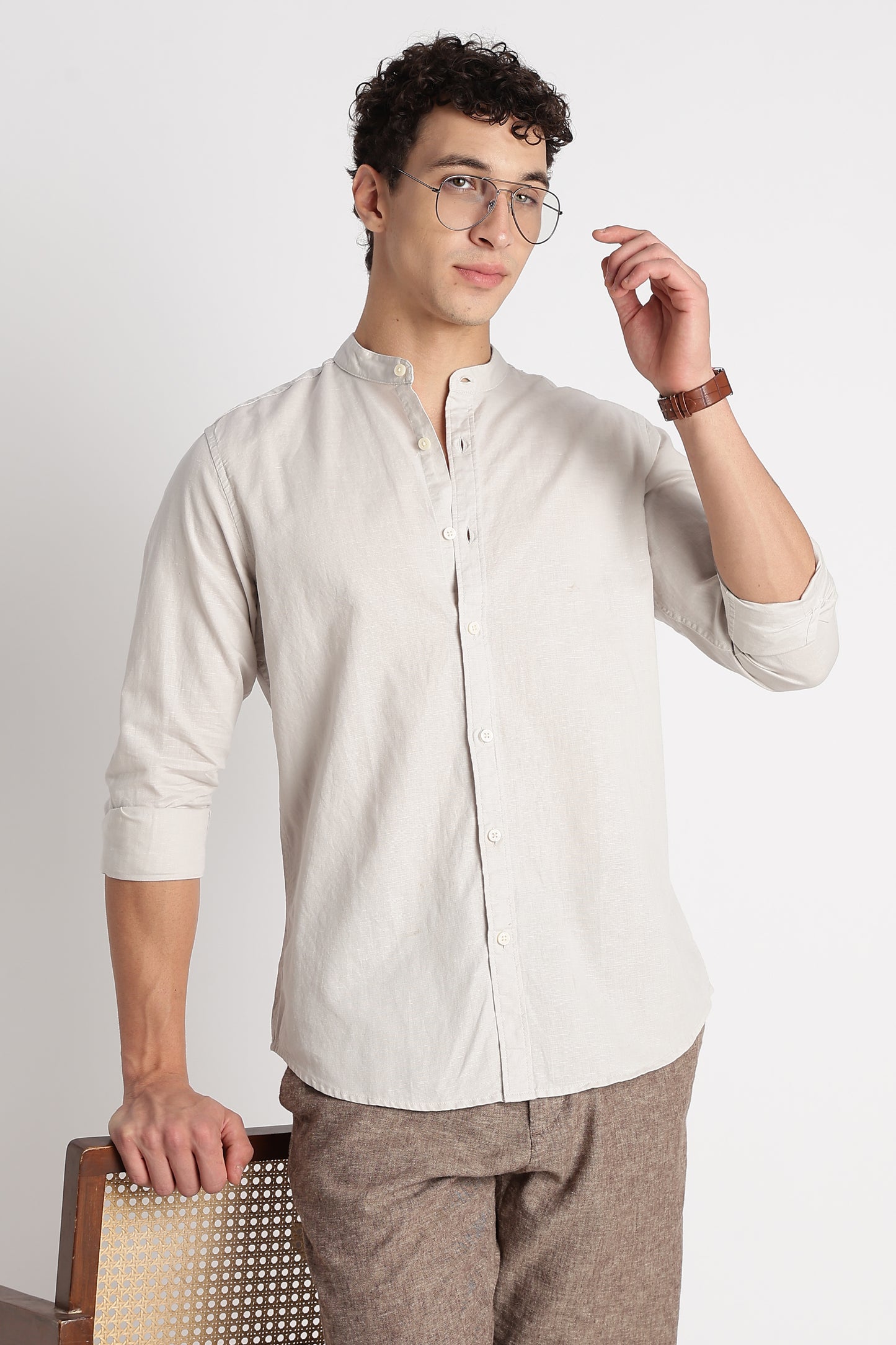 Cotton Linen Slim Fit Shirt Off White