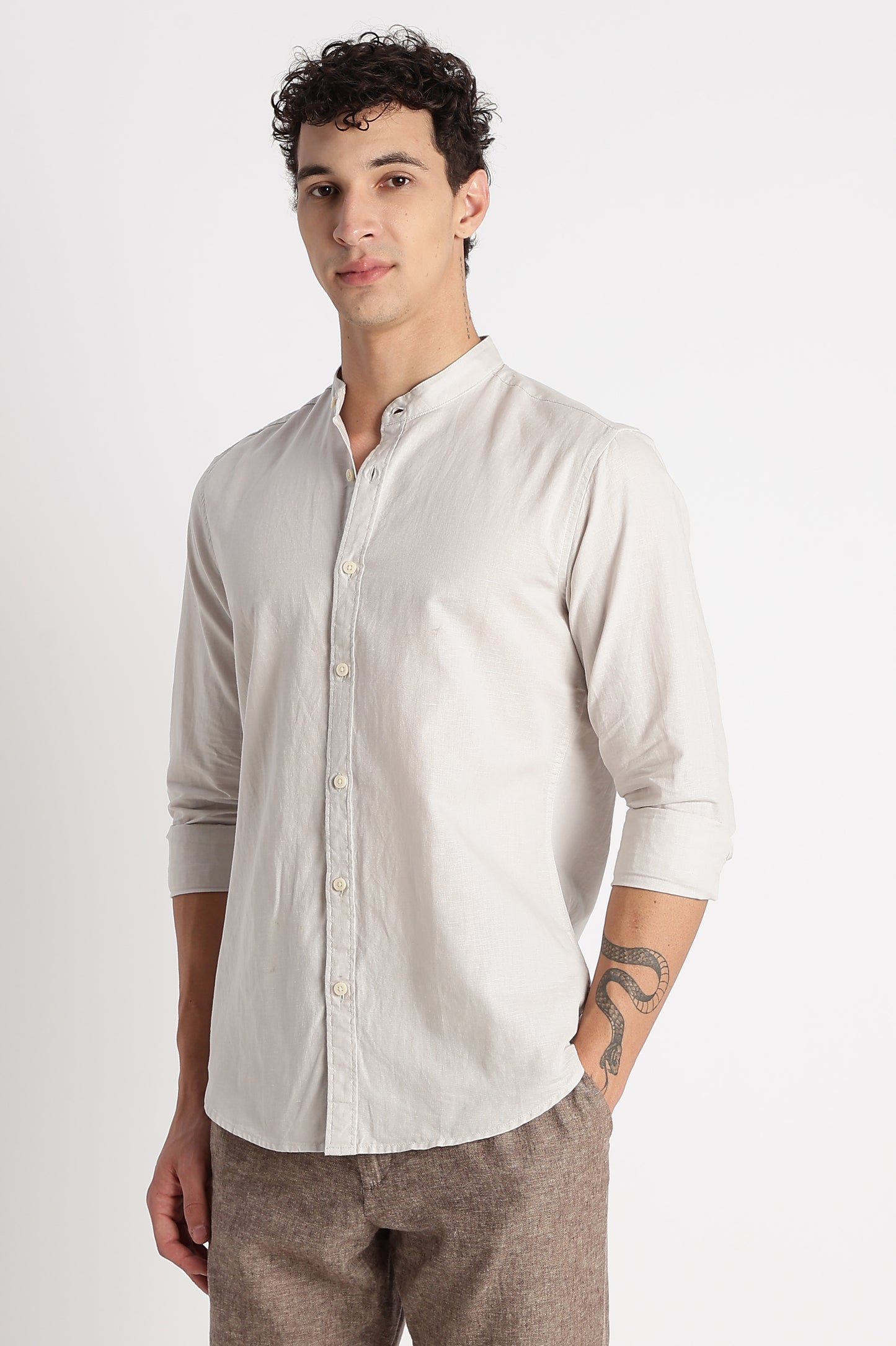 Cotton Linen Slim Fit Shirt Off White