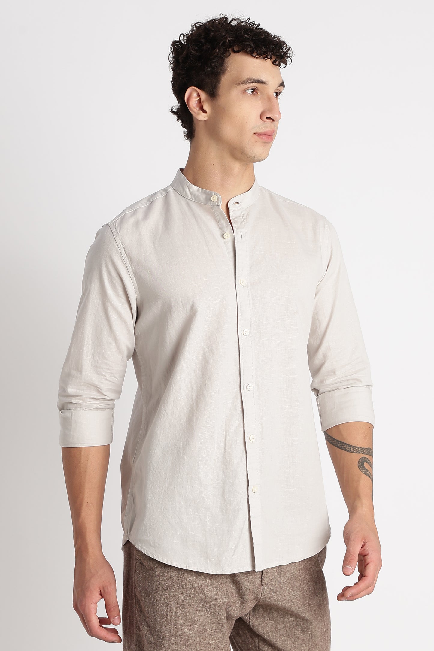 Cotton Linen Slim Fit Shirt Off White