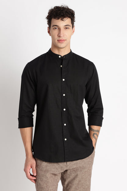 Cotton Linen Slim Fit Shirt Black