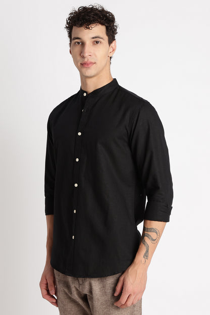 Cotton Linen Slim Fit Shirt Black