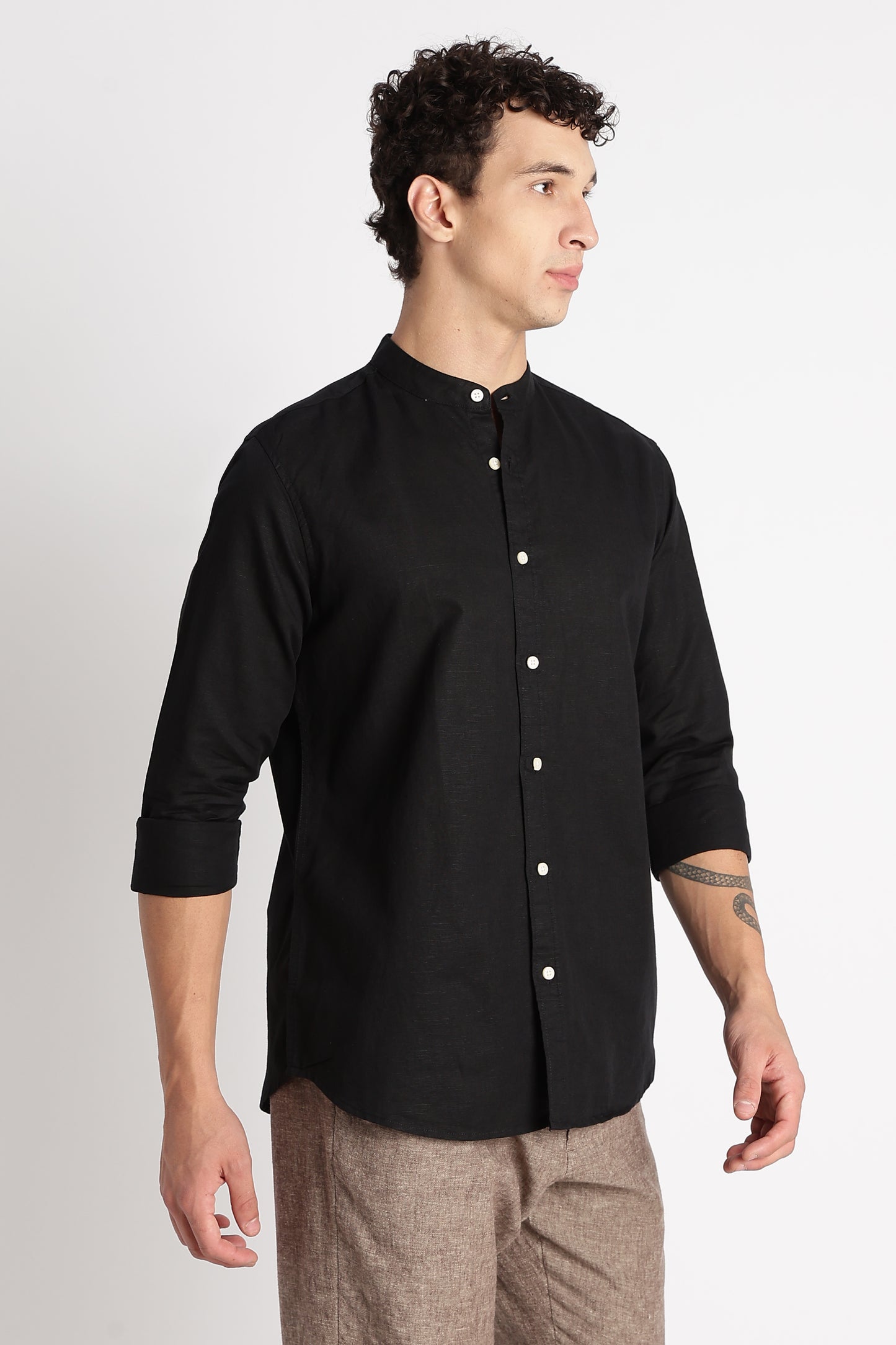 Cotton Linen Slim Fit Shirt Black
