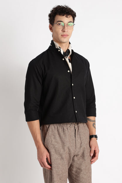 Cotton Linen Slim Fit Shirt Black