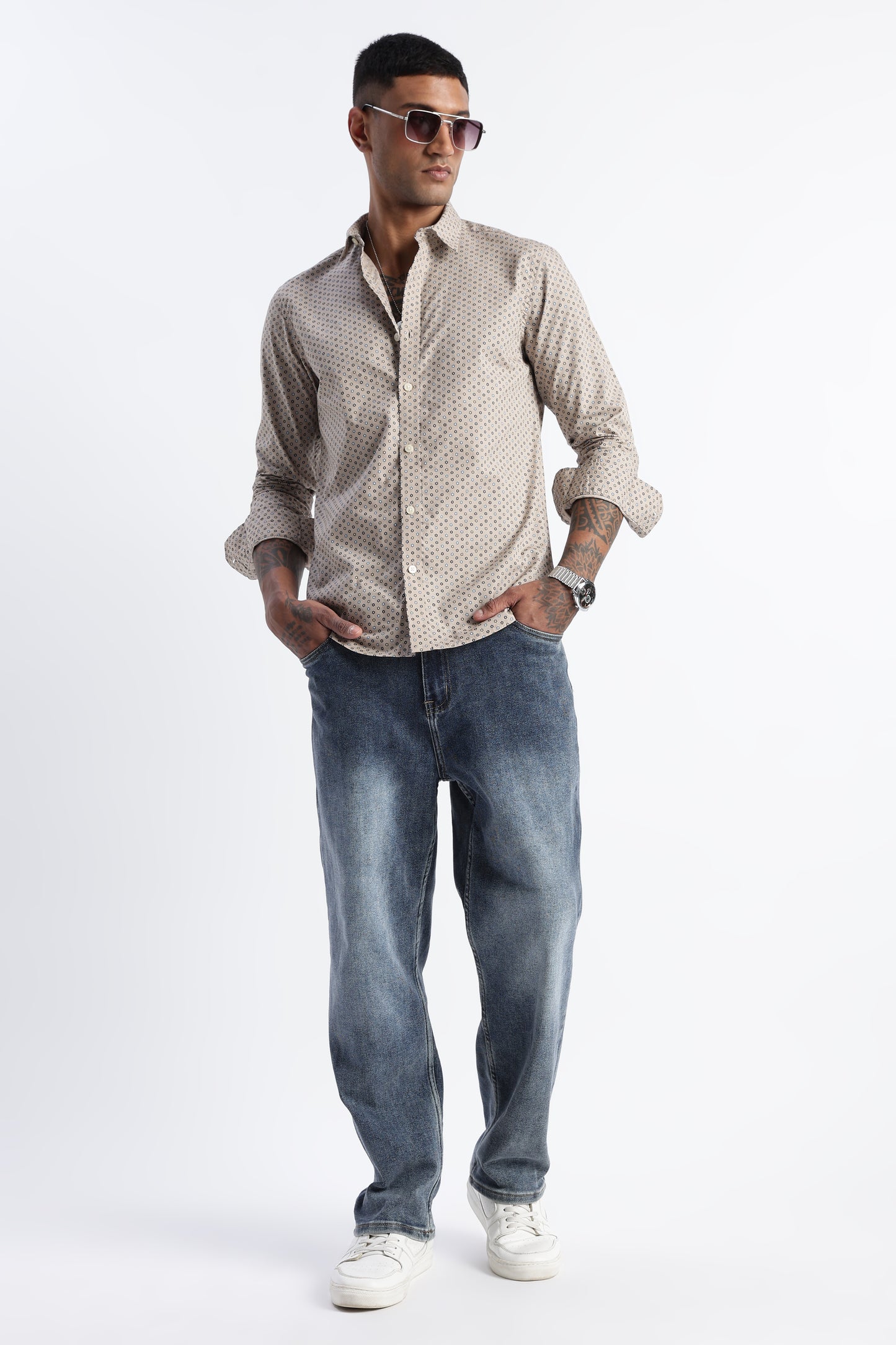 Micro-Print Shirt Beige