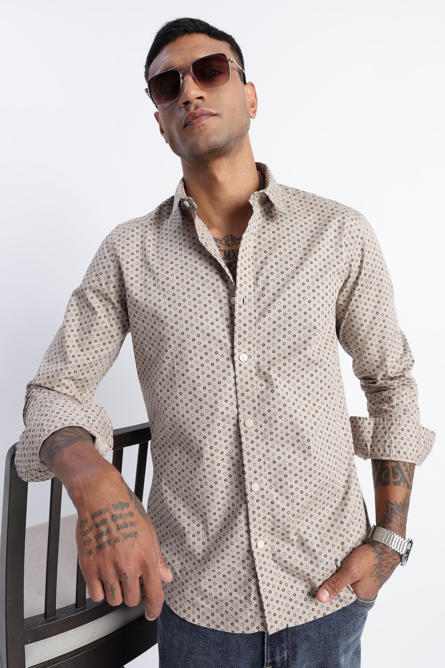 Micro-Print Shirt Beige