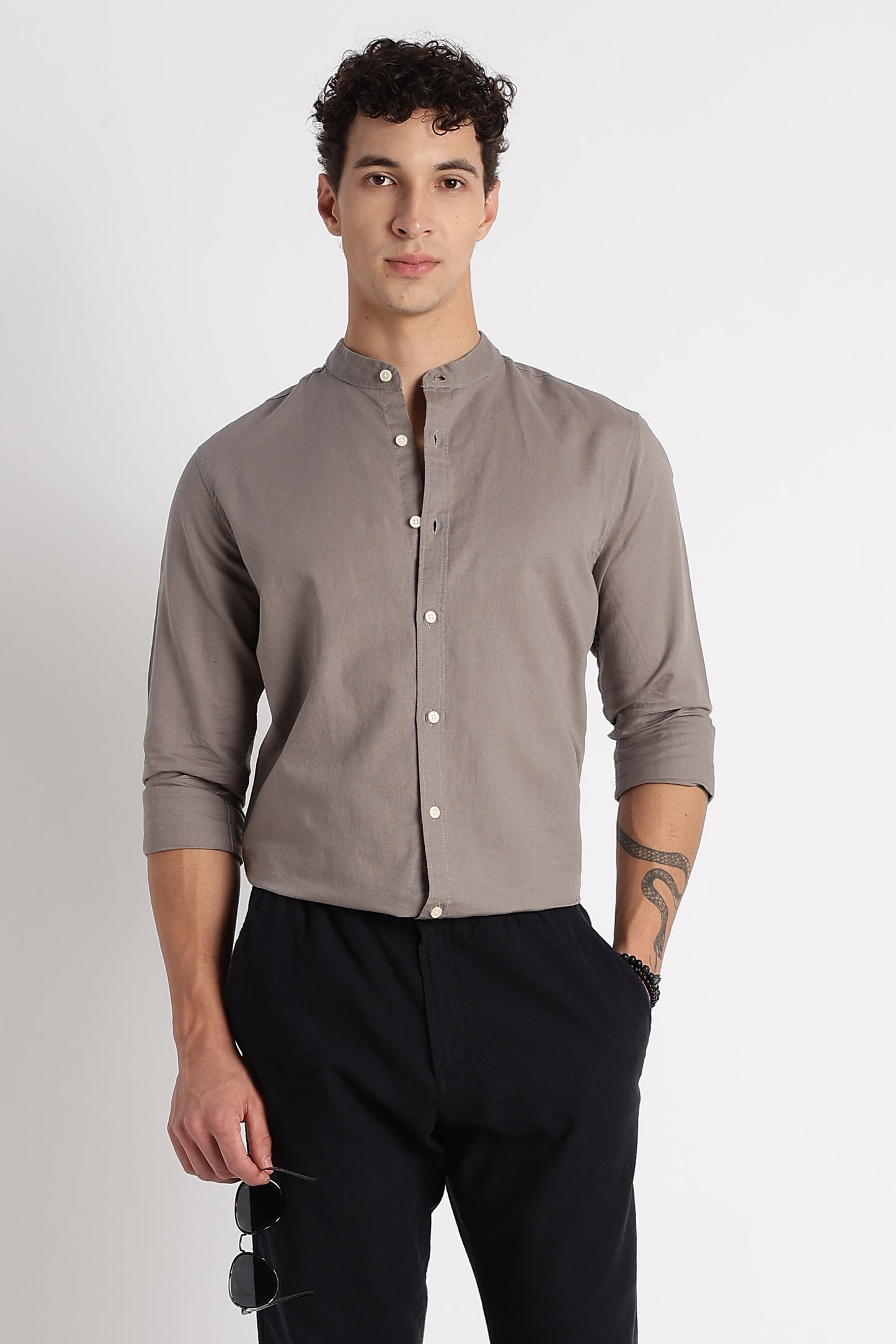 Cotton Linen Slim Fit Shirt Grey