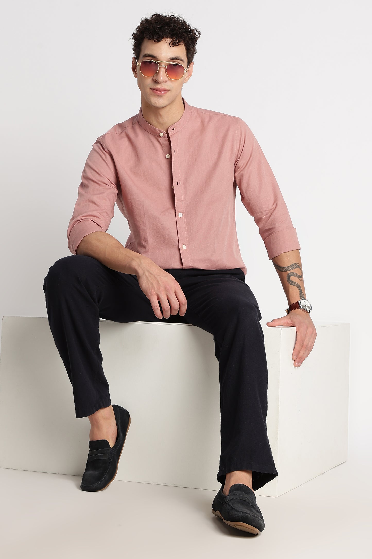 Cotton Linen Slim Fit Shirt Dusty Pink