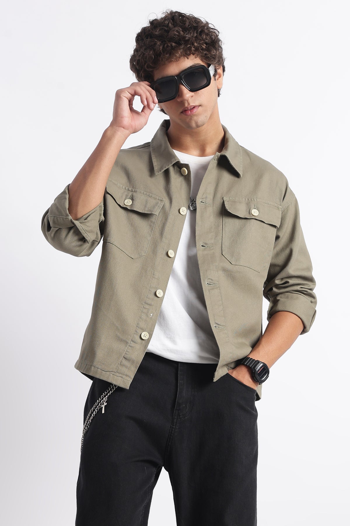 Men's Olive Cotton Shacket | Blu Mnky