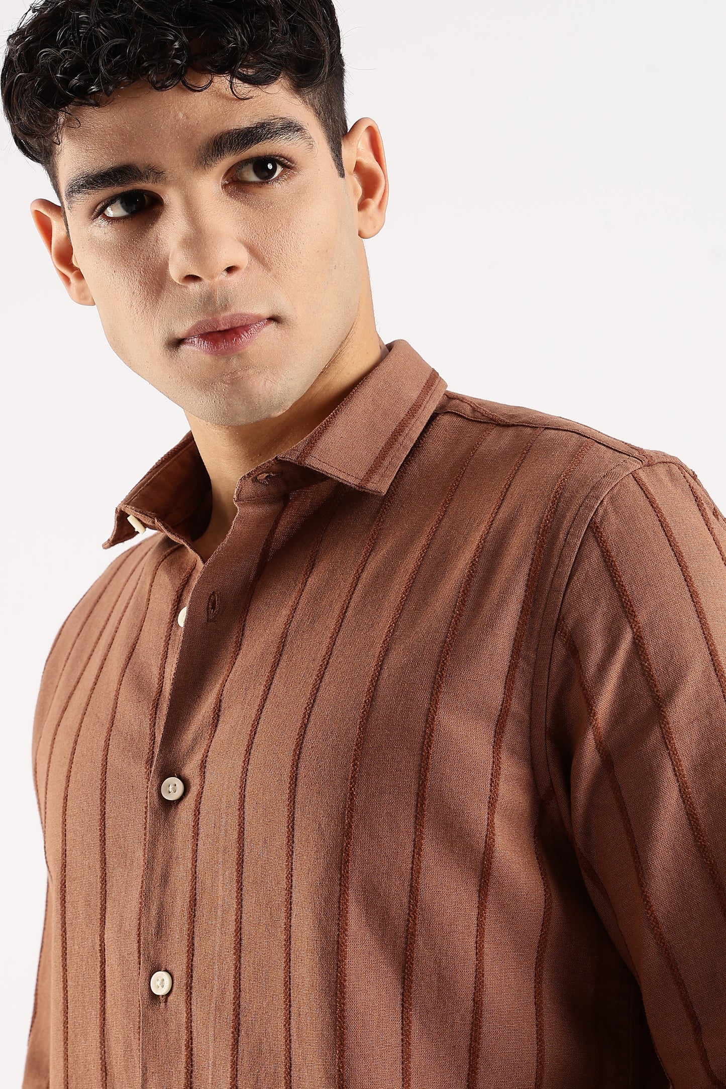 Cotton Self-Striped Slim Fit Shirt Brown