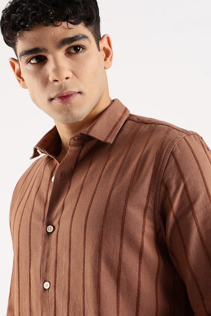 Self-Striped Slim Fit Shirt Brown