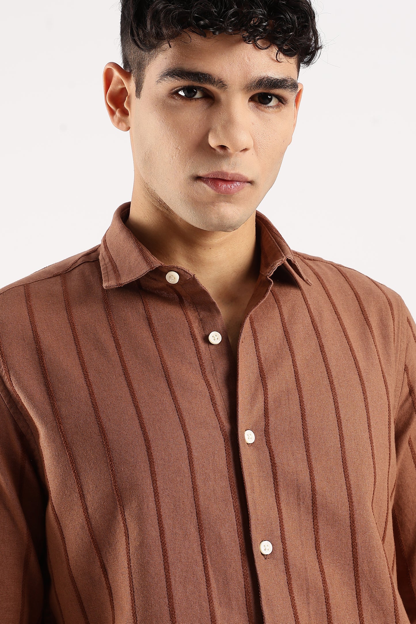Cotton Self-Striped Slim Fit Shirt Brown