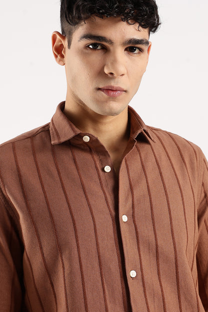 Self-Striped Slim Fit Shirt Brown