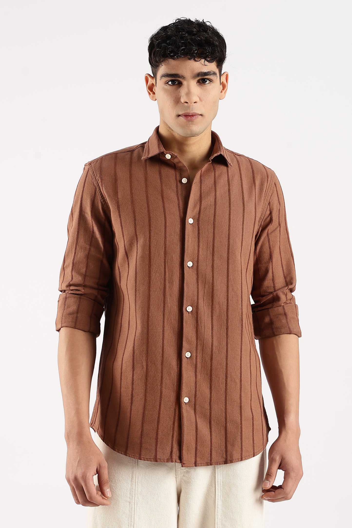 Cotton Self-Striped Slim Fit Shirt Brown