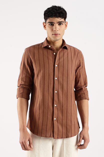 Self-Striped Slim Fit Shirt Brown