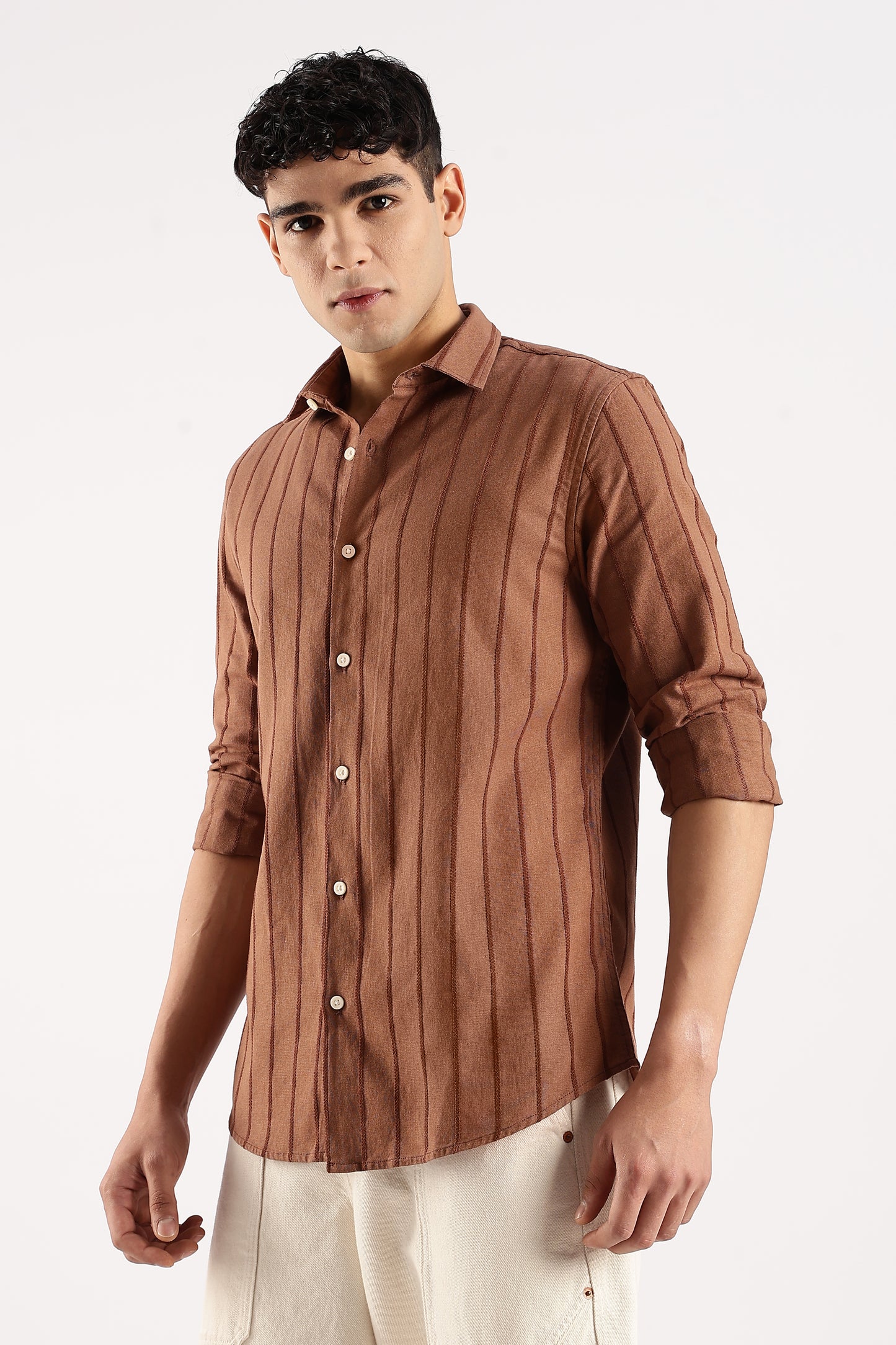 Cotton Self-Striped Slim Fit Shirt Brown