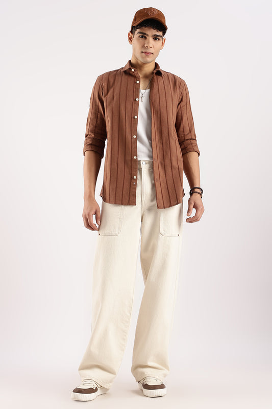 Cotton Self-Striped Slim Fit Shirt Brown