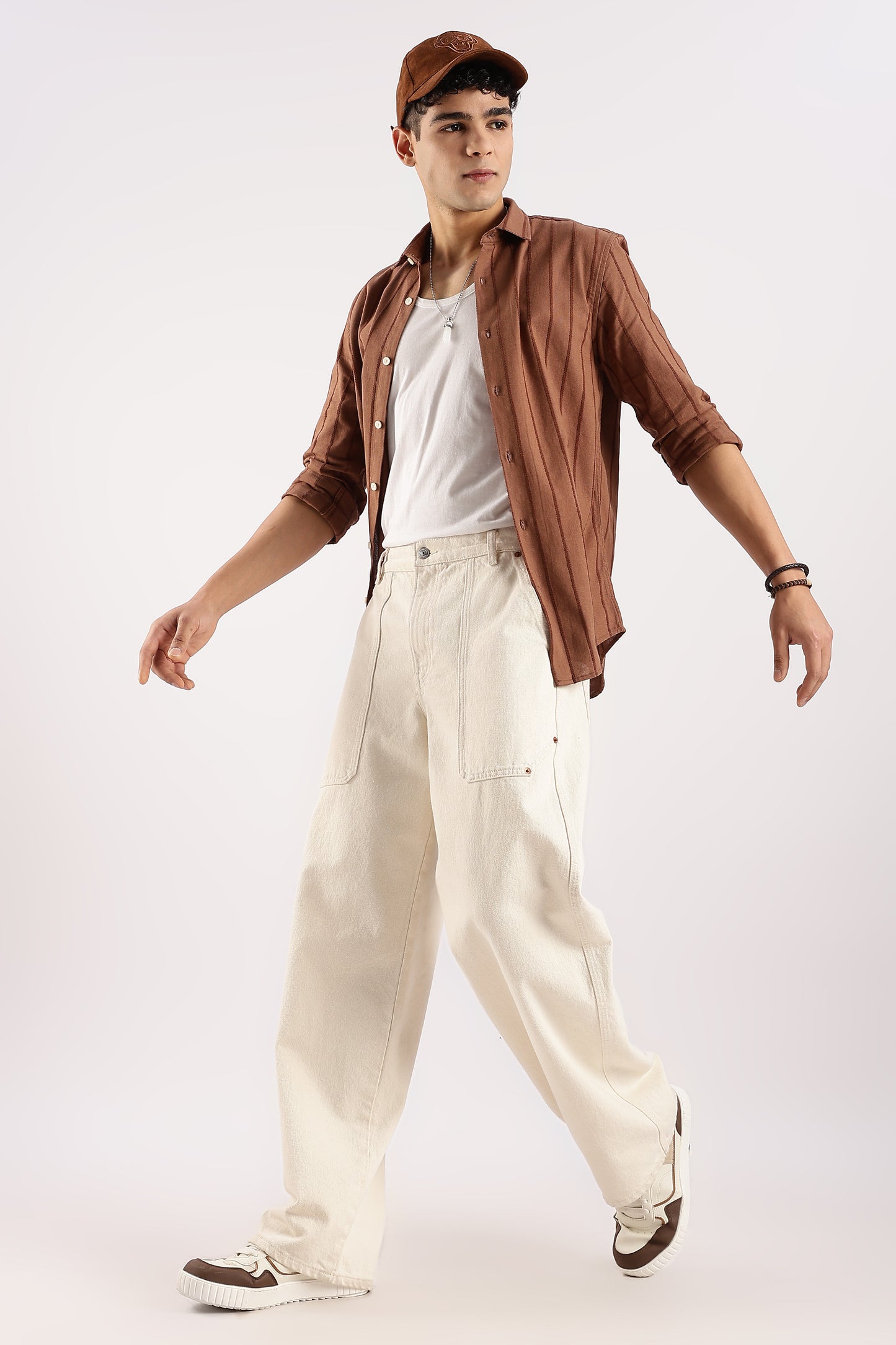 Cotton Self-Striped Slim Fit Shirt Brown