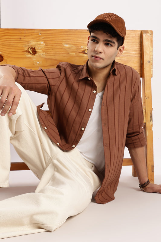 Cotton Self-Striped Slim Fit Shirt Brown
