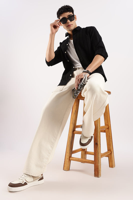 Cotton Self-Striped Slim Fit Shirt Black