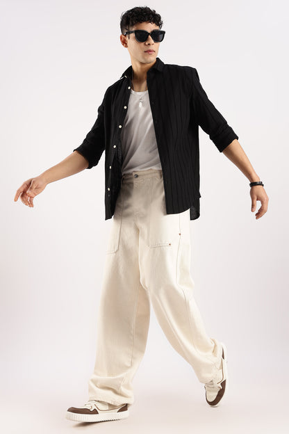 Self-Striped Slim Fit Shirt Black