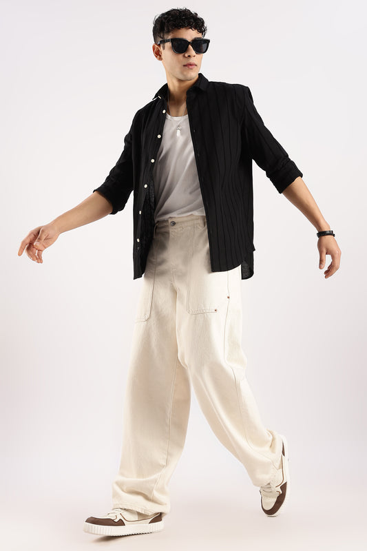 Cotton Self-Striped Slim Fit Shirt Black