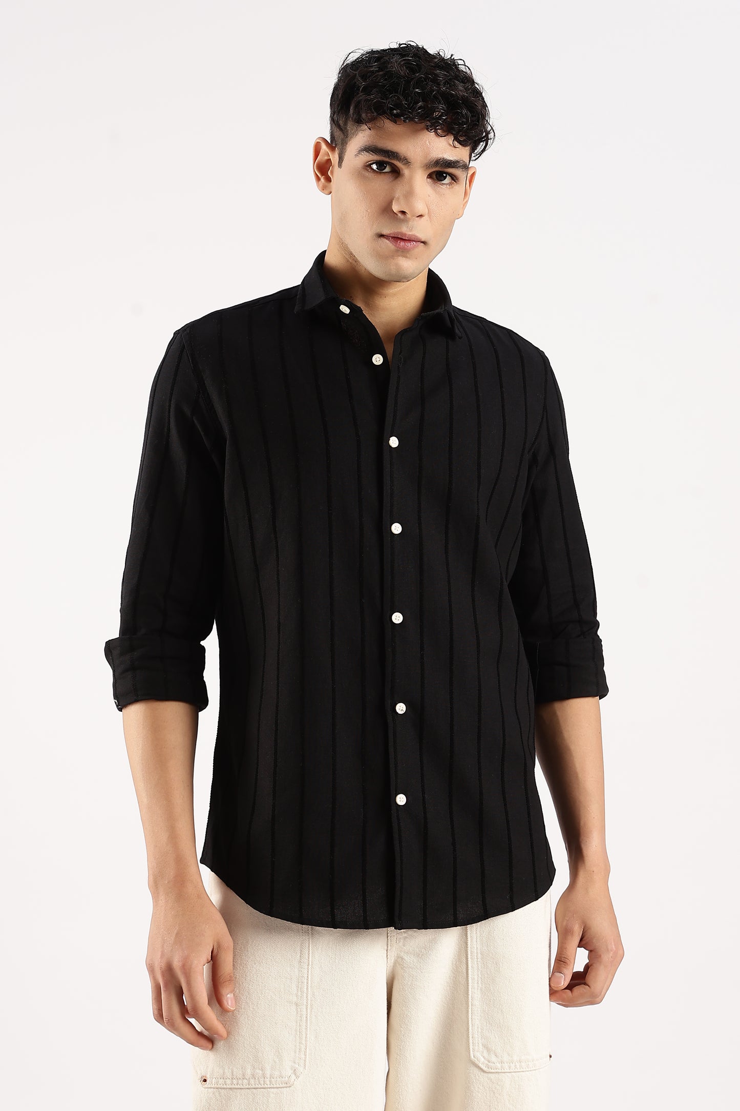 Cotton Self-Striped Slim Fit Shirt Black