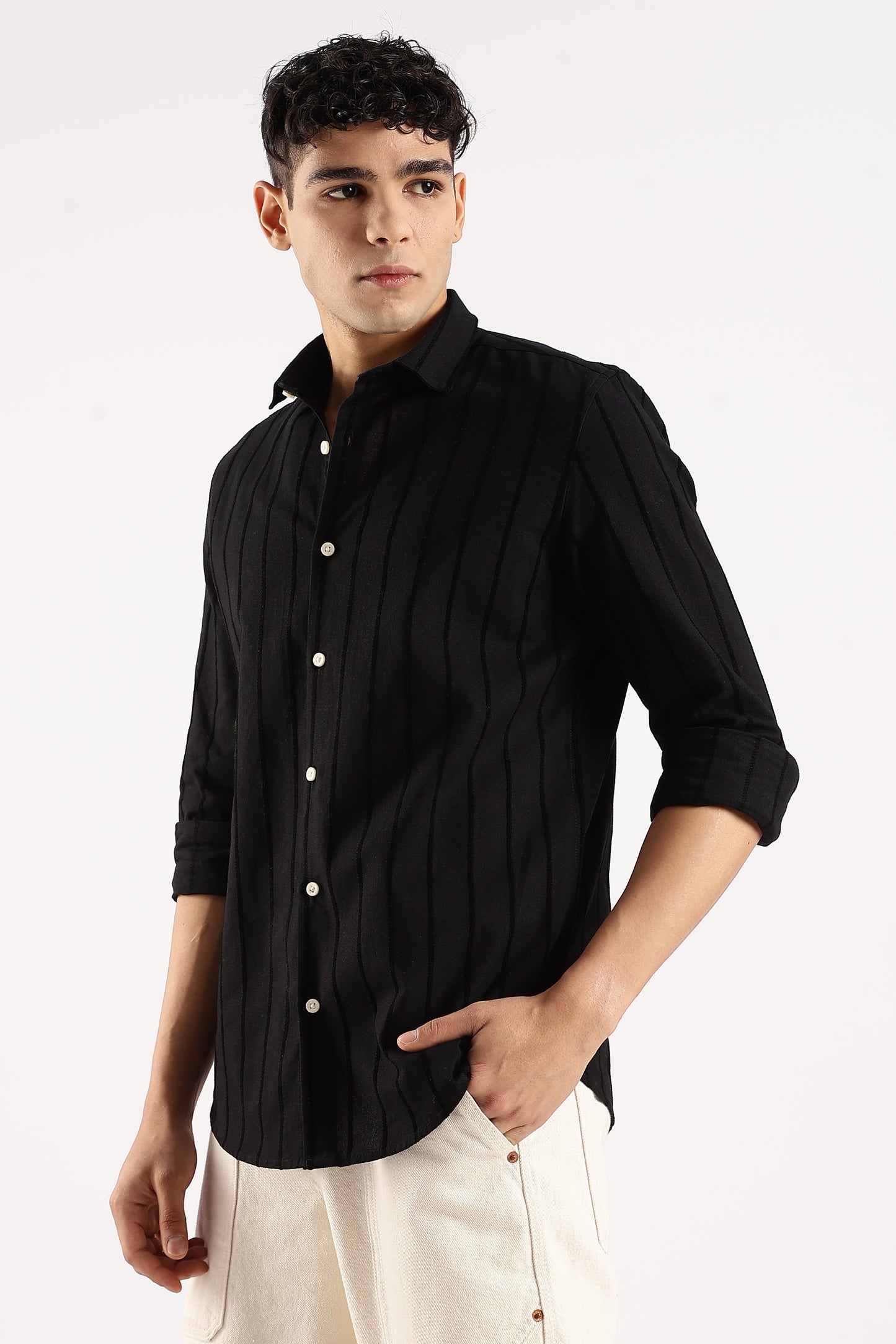 Cotton Self-Striped Slim Fit Shirt Black