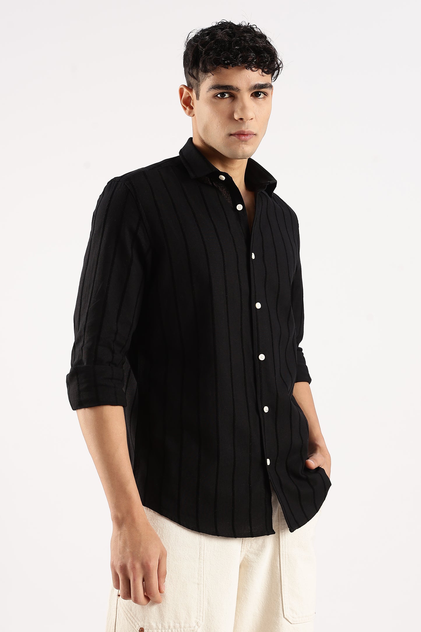 Cotton Self-Striped Slim Fit Shirt Black