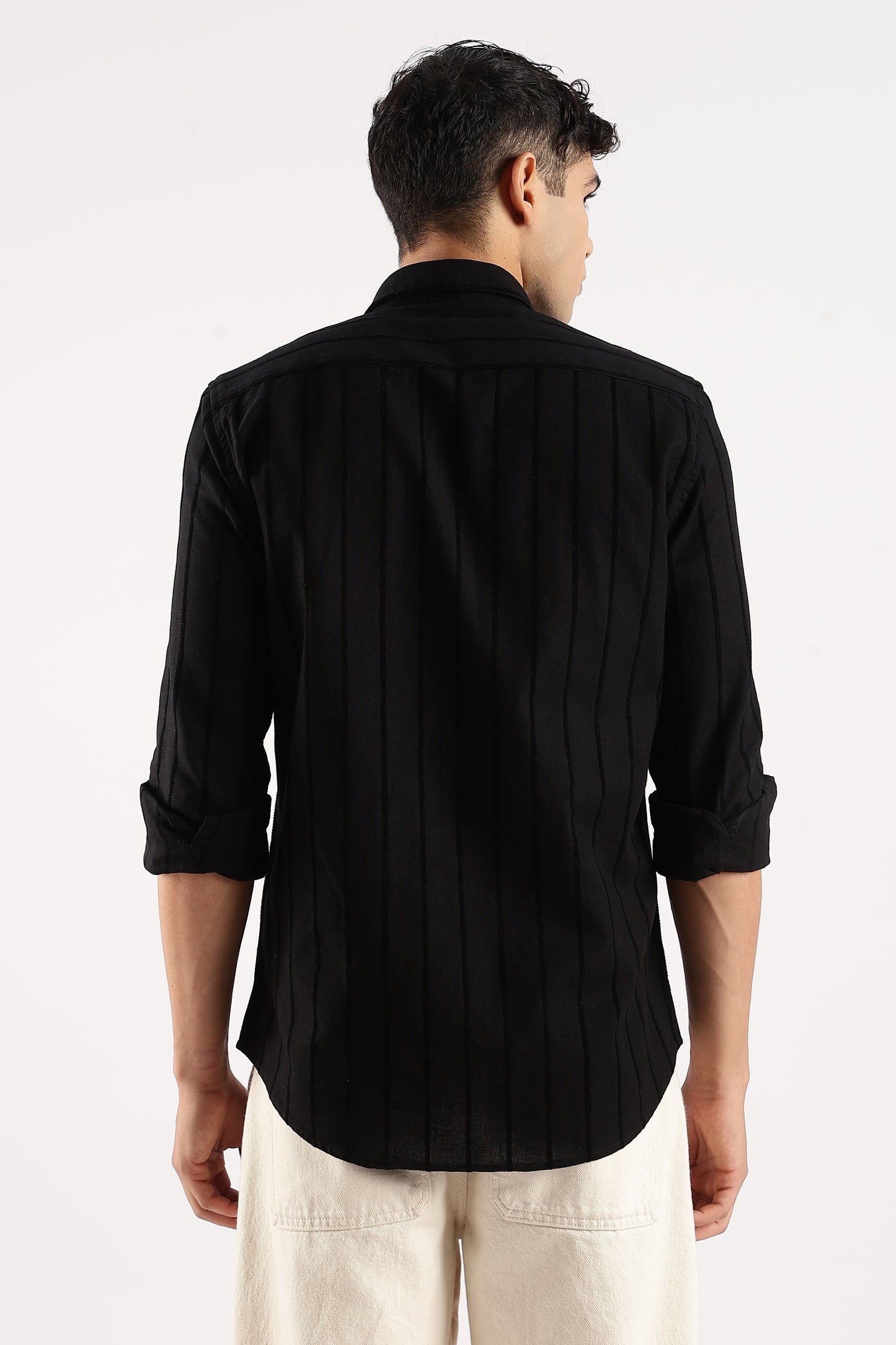 Cotton Self-Striped Slim Fit Shirt Black