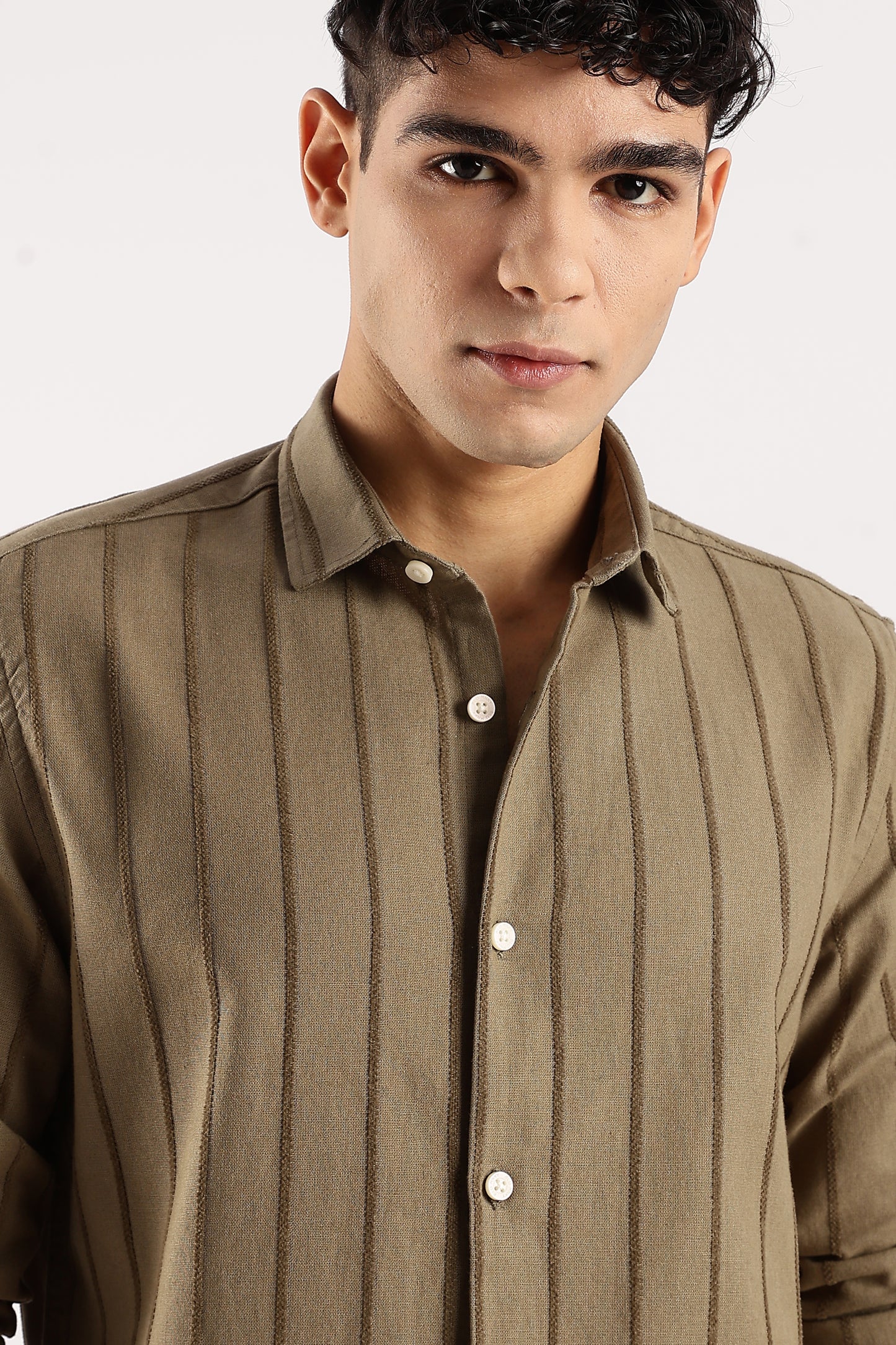 Cotton Self-Striped Slim Fit Shirt Green