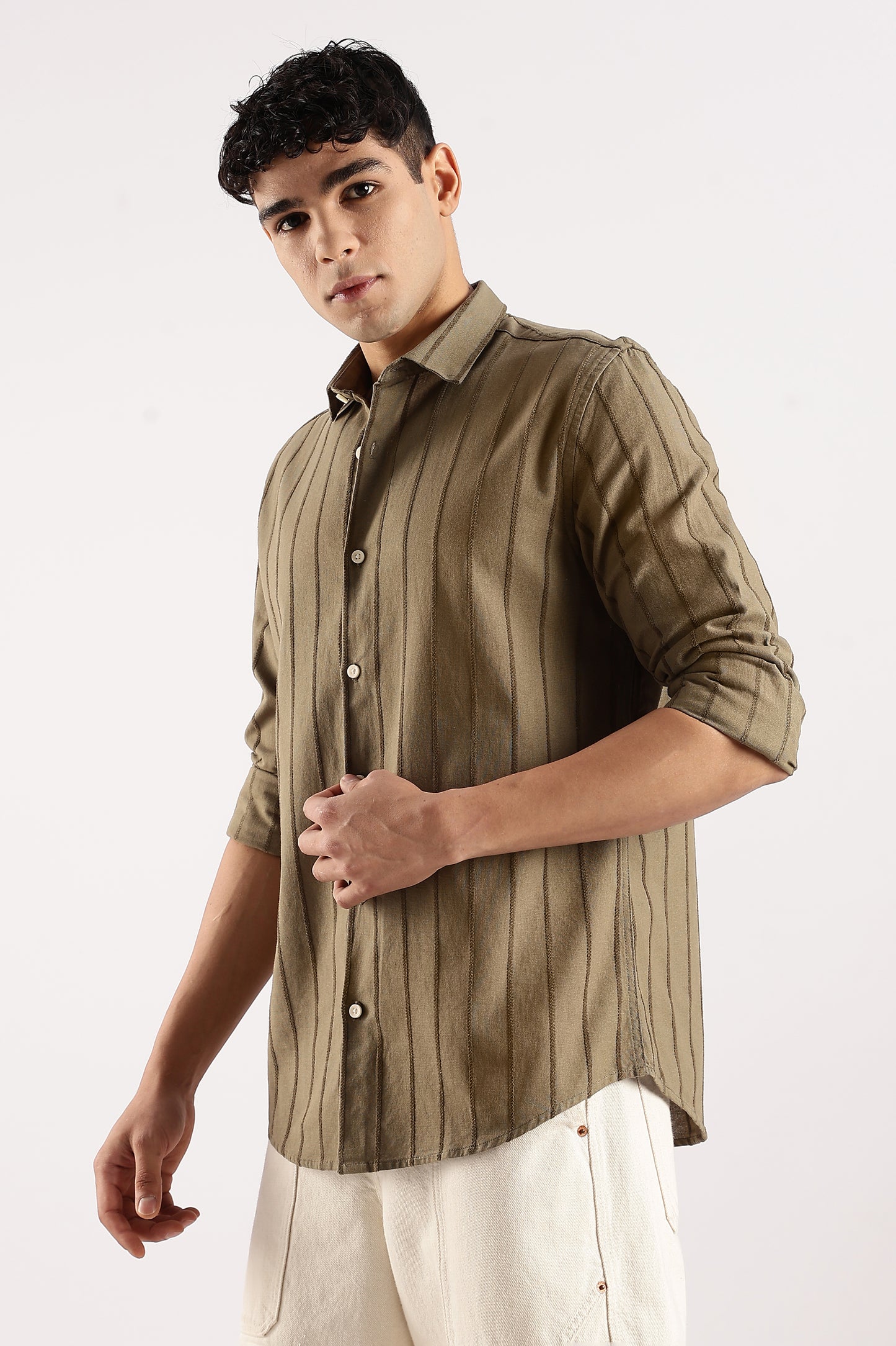 Cotton Self-Striped Slim Fit Shirt Green
