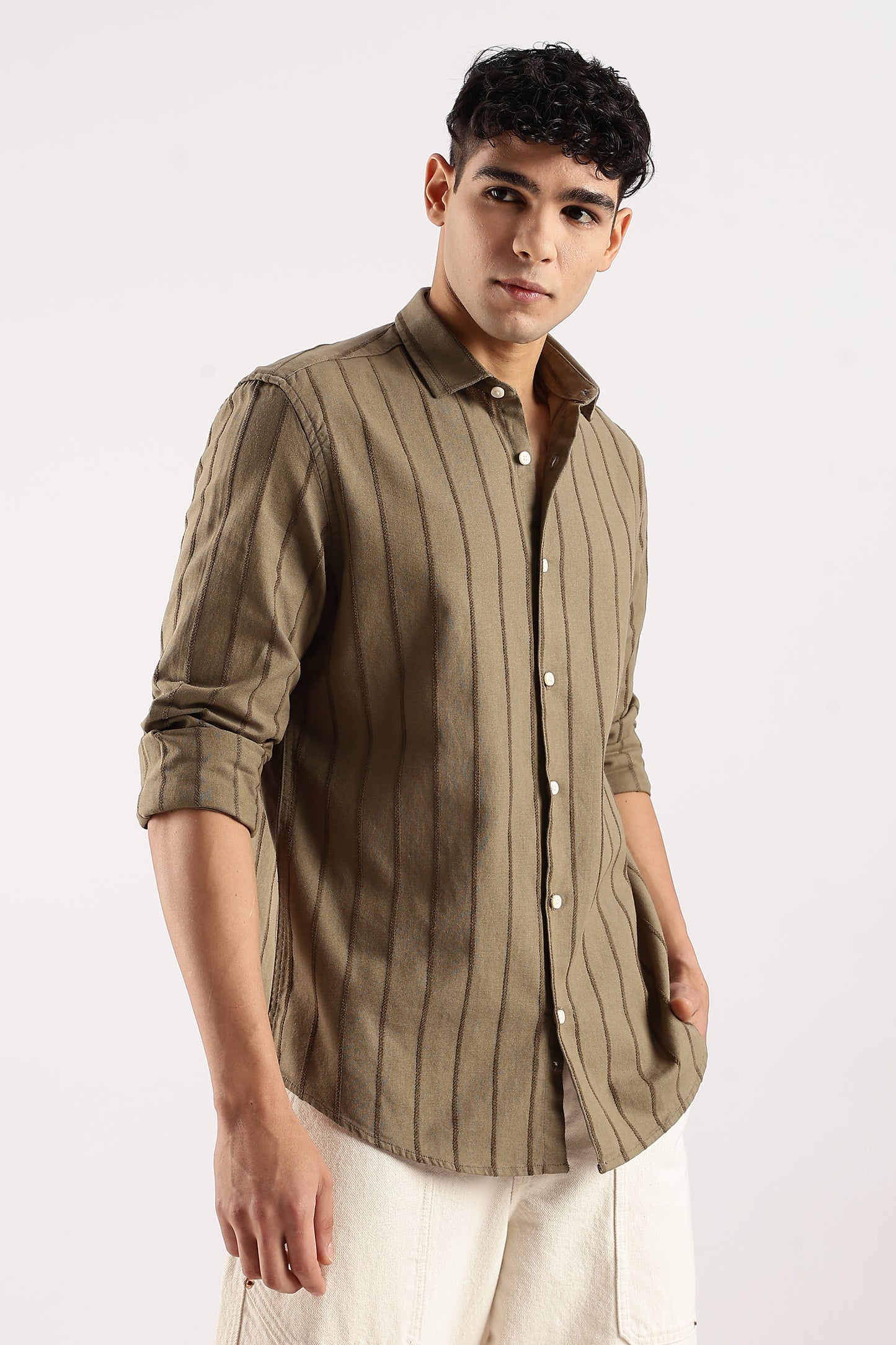 Cotton Self-Striped Slim Fit Shirt Green