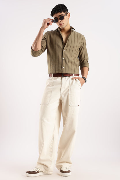 Self-Striped Slim Fit Shirt Green