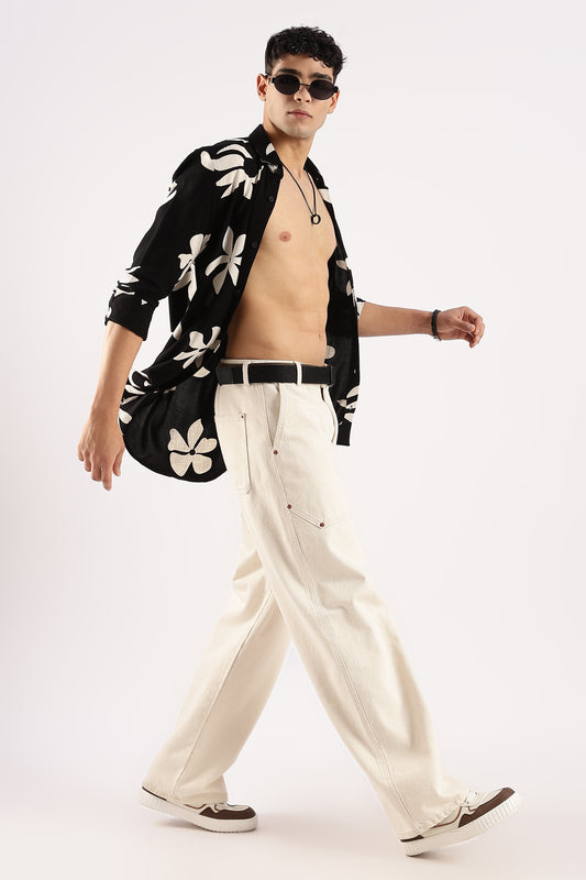 Viscose Slim Fit Striped Shirt Black/Beige