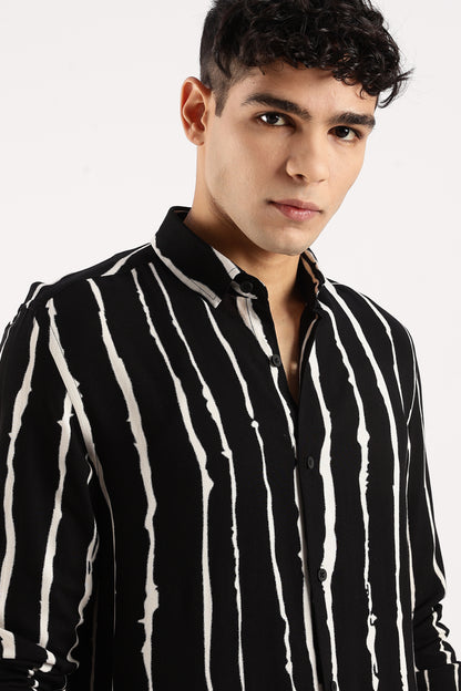 Viscose Slim Fit Striped Shirt Black