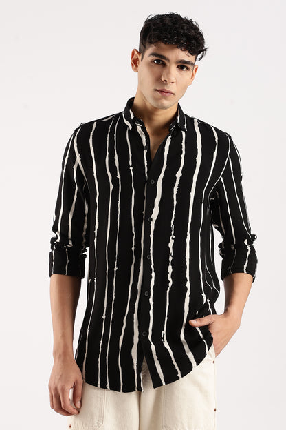 Viscose Slim Fit Striped Shirt Black