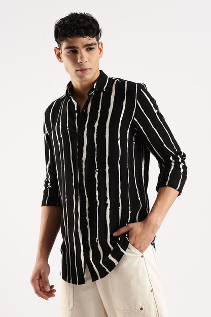 Viscose Slim Fit Striped Shirt Black