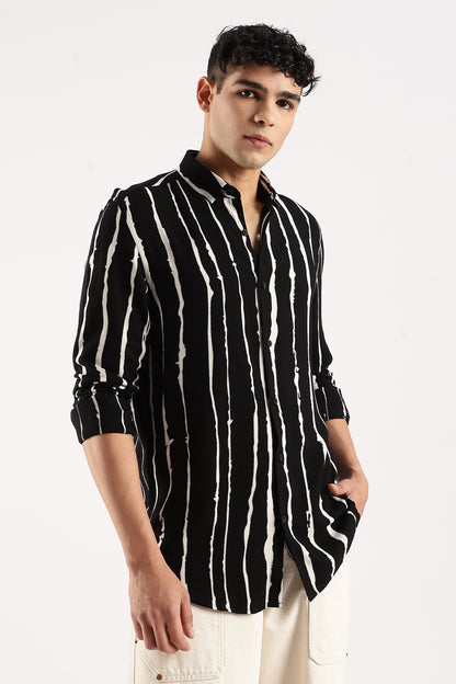 Viscose Slim Fit Striped Shirt Black