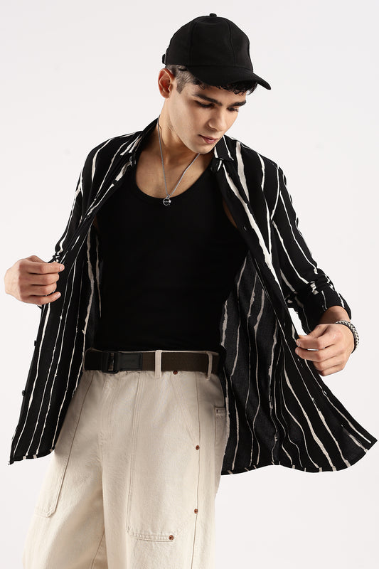 Viscose Slim Fit Striped Shirt Black