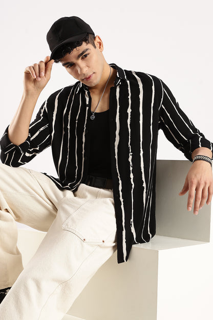 Viscose Slim Fit Striped Shirt Black