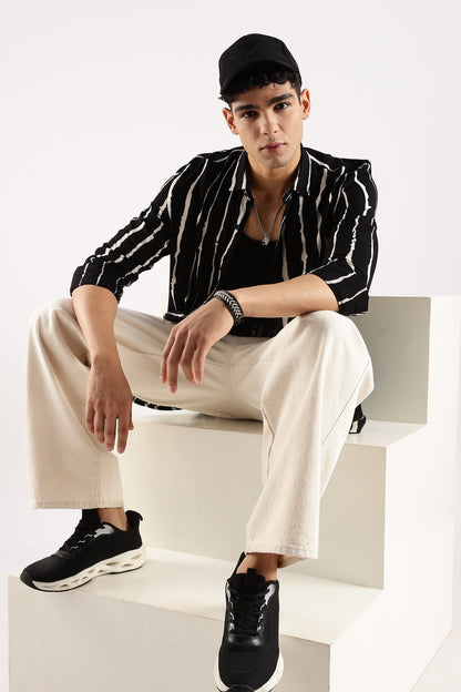 Viscose Slim Fit Striped Shirt Black