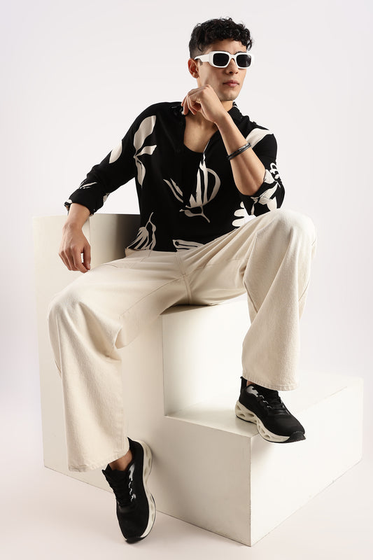 Viscose Slim Fit printed Shirt Beige/Black