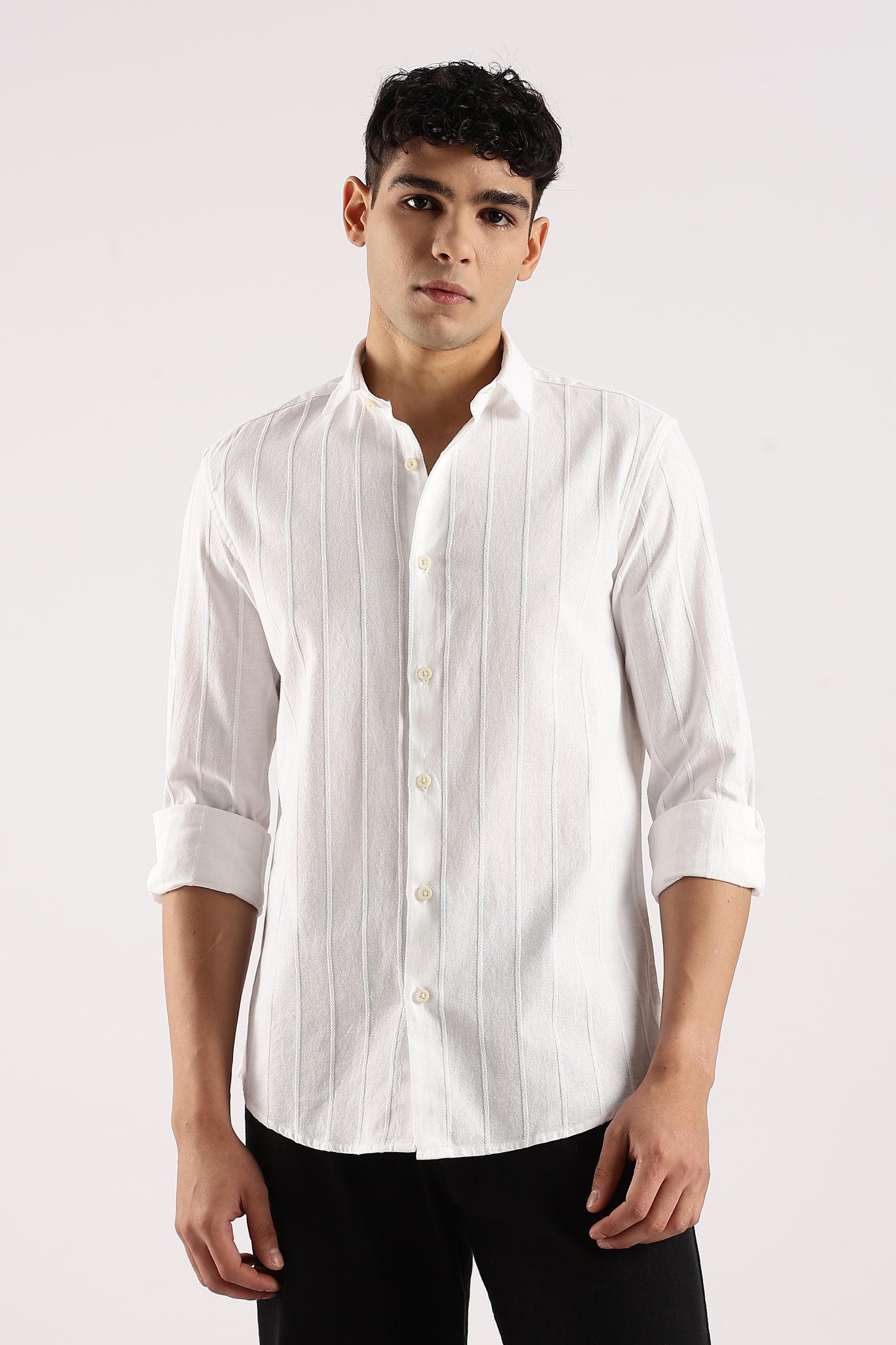Cotton Self-Striped Slim Fit Shirt White