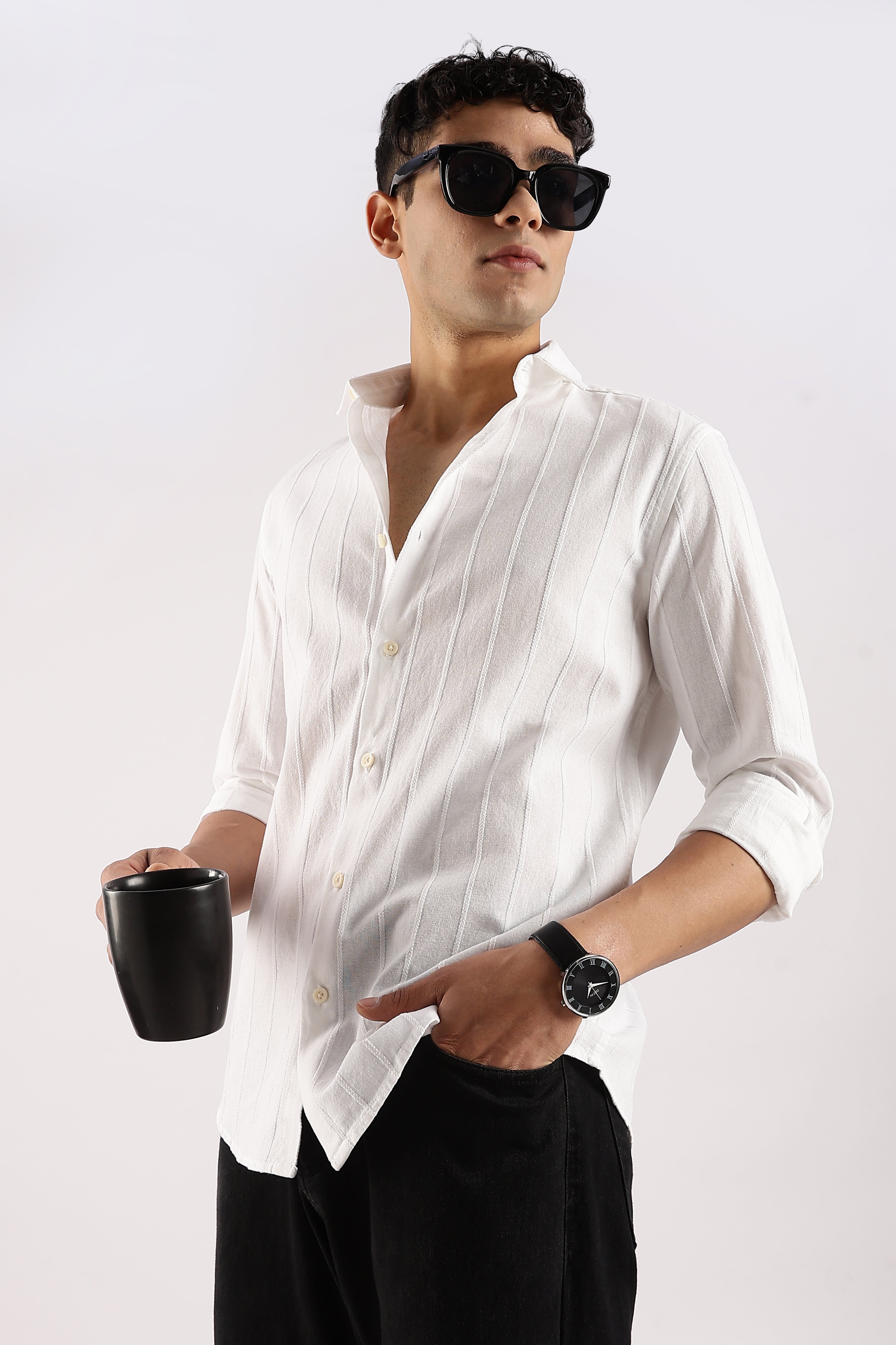 Self-Striped Slim Fit Shirt White