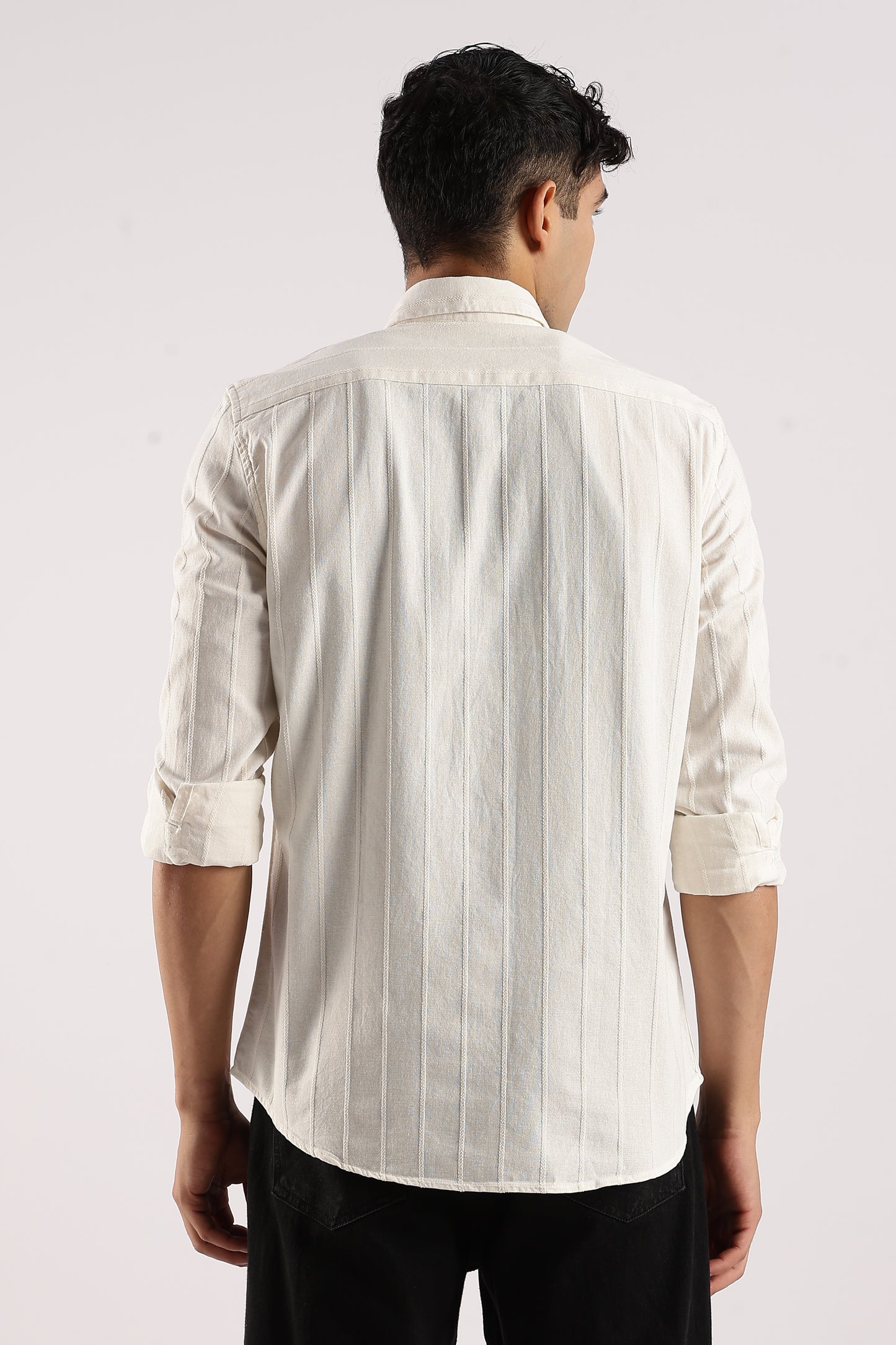 Cotton Self-Striped Slim Fit Shirt Off White