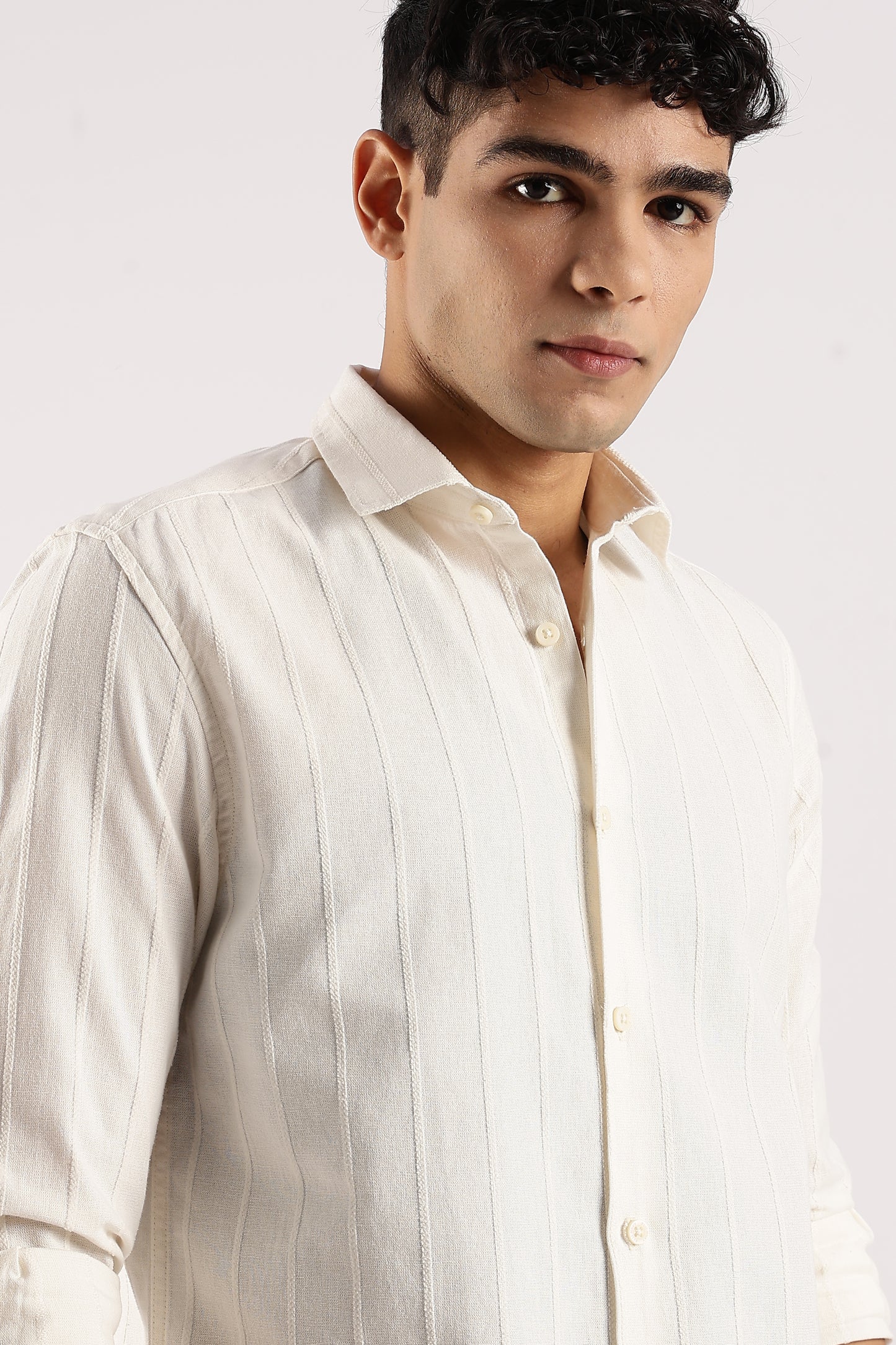 Cotton Self-Striped Slim Fit Shirt Off White
