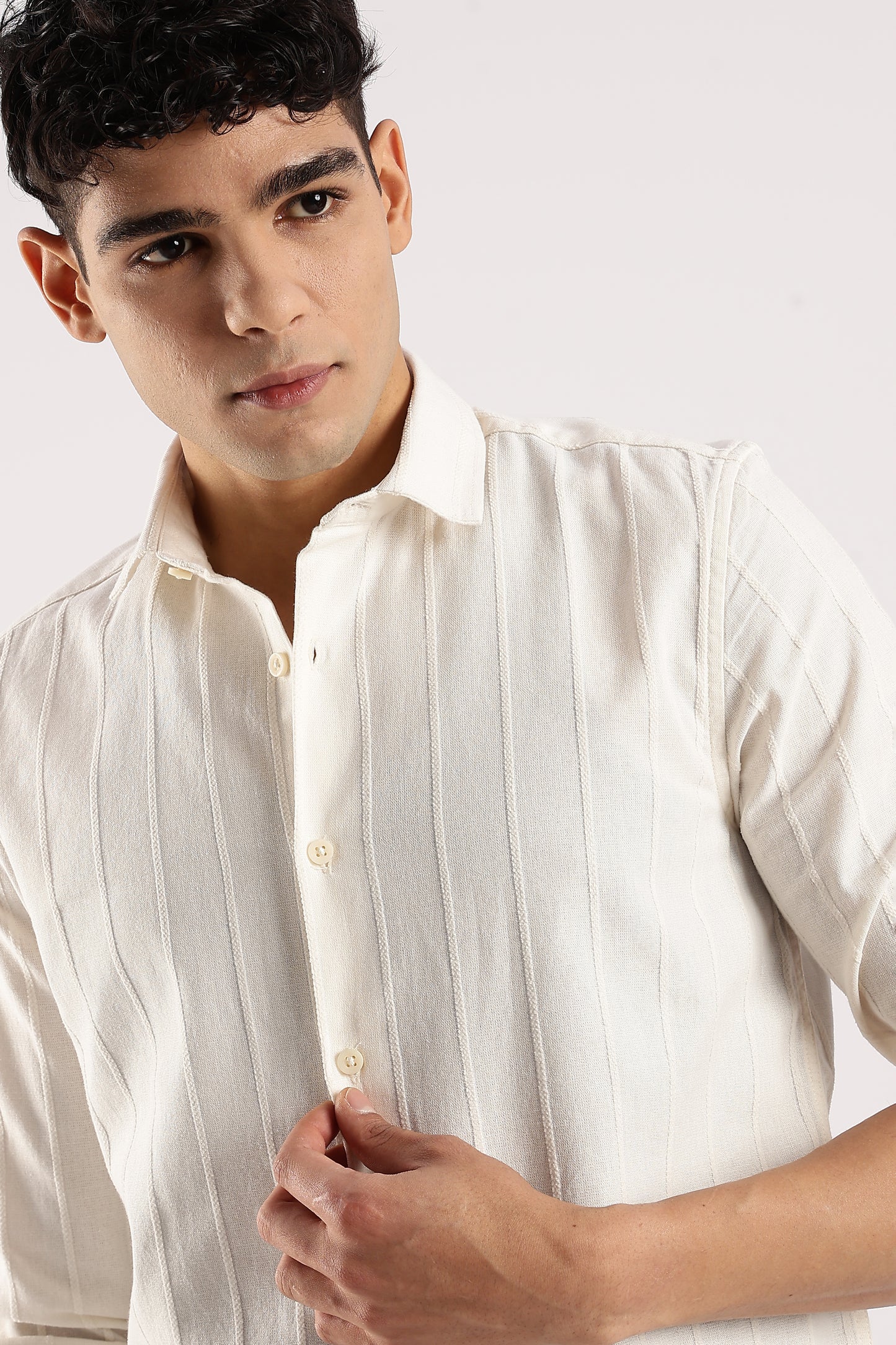 Cotton Self-Striped Slim Fit Shirt Off White