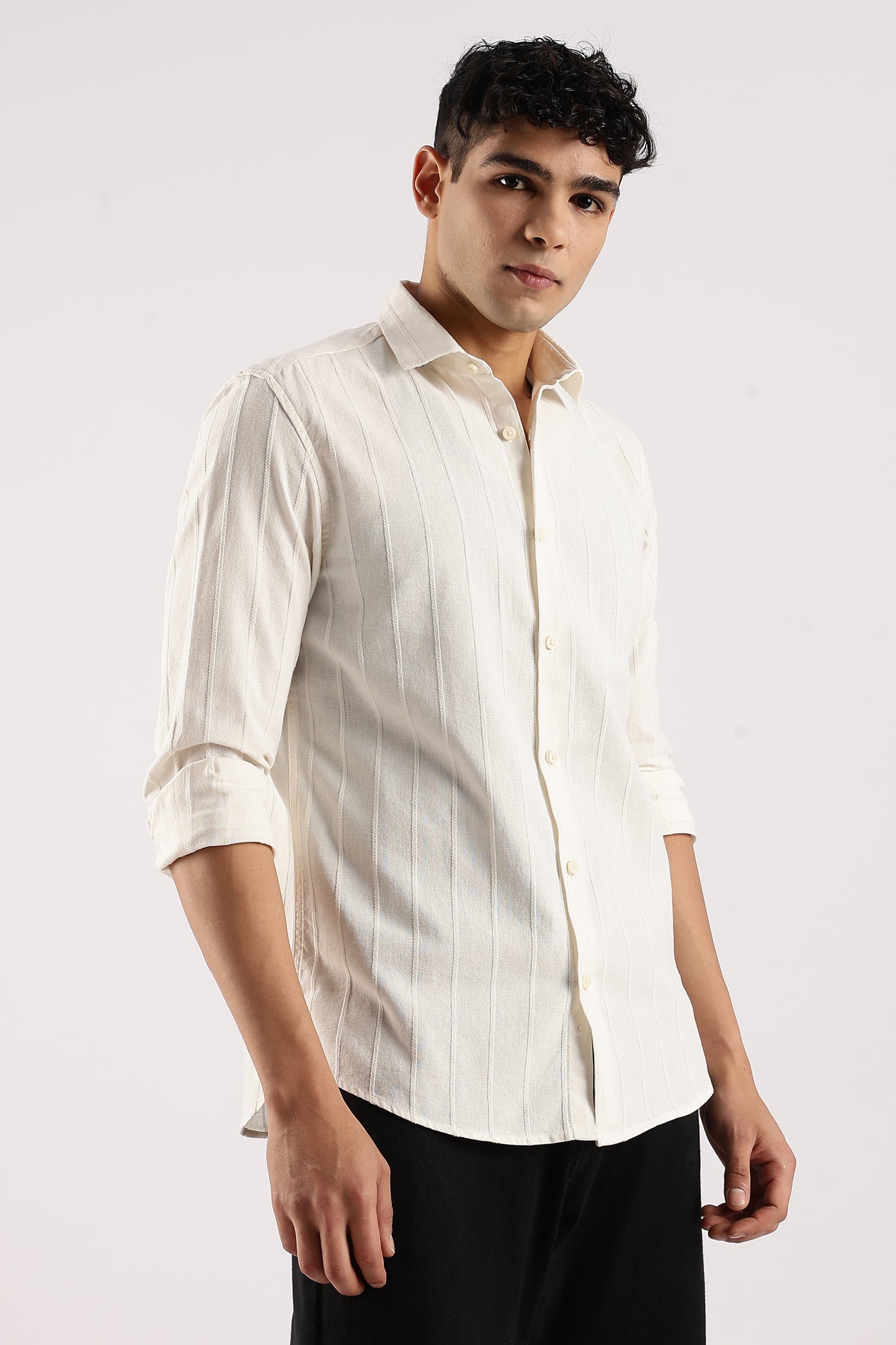 Cotton Self-Striped Slim Fit Shirt Off White