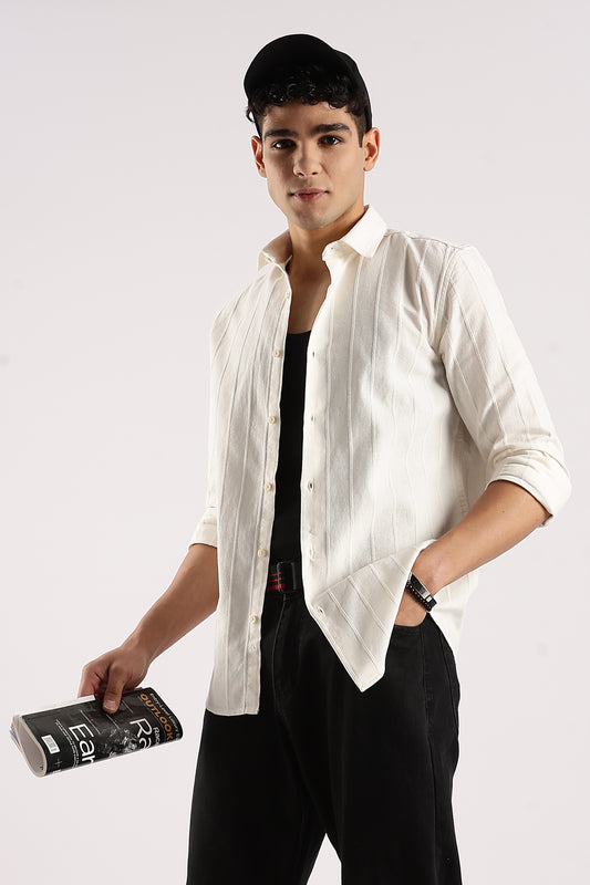 Cotton Self-Striped Slim Fit Shirt Off White