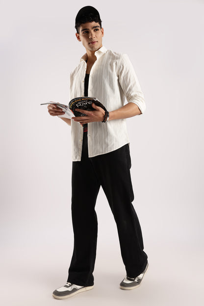 Self-Striped Slim Fit Shirt Off White